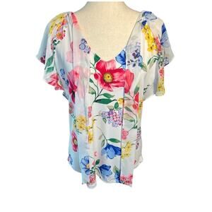 New York & Company Floral Blouse, V Tie Neck, Flutter Sleeve, size Medium